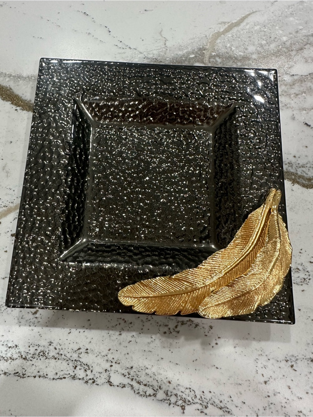 Michael Aram Black Textured Square Tray with Gold Feather Detail